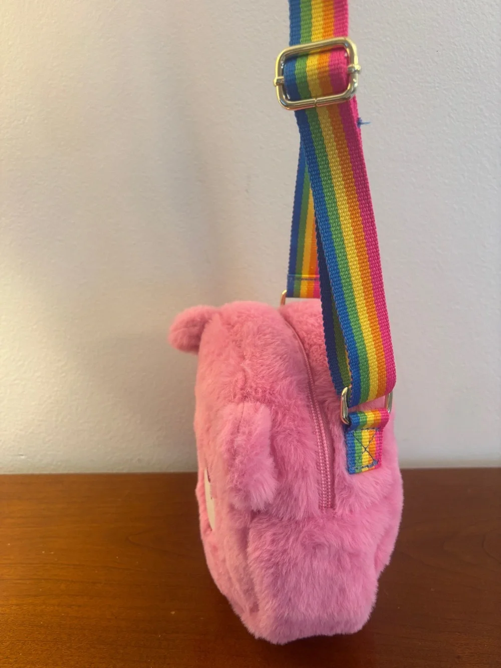 Care Bears Cheer Bear Pink Plush Crossbody Bag Rainbow Strap NWOT